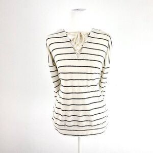 Billabong Cream Gray Striped Medium‎ Sweater Long Sleeve V Neck Hoodie